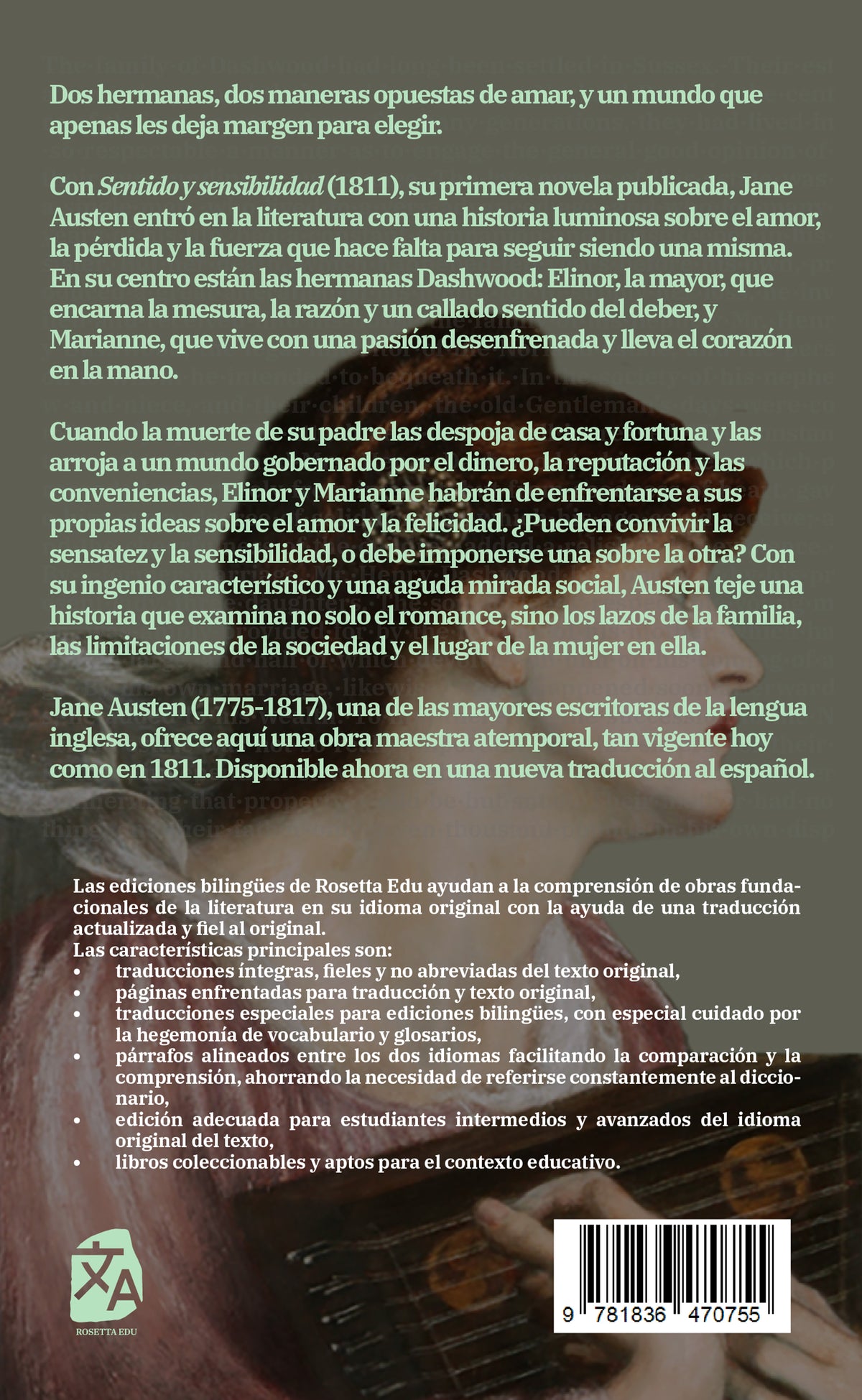 Sentido y sensibilidad - Jane Austen - Contraportada de la edición bilingüe en tapa blanda - Rosetta Edu