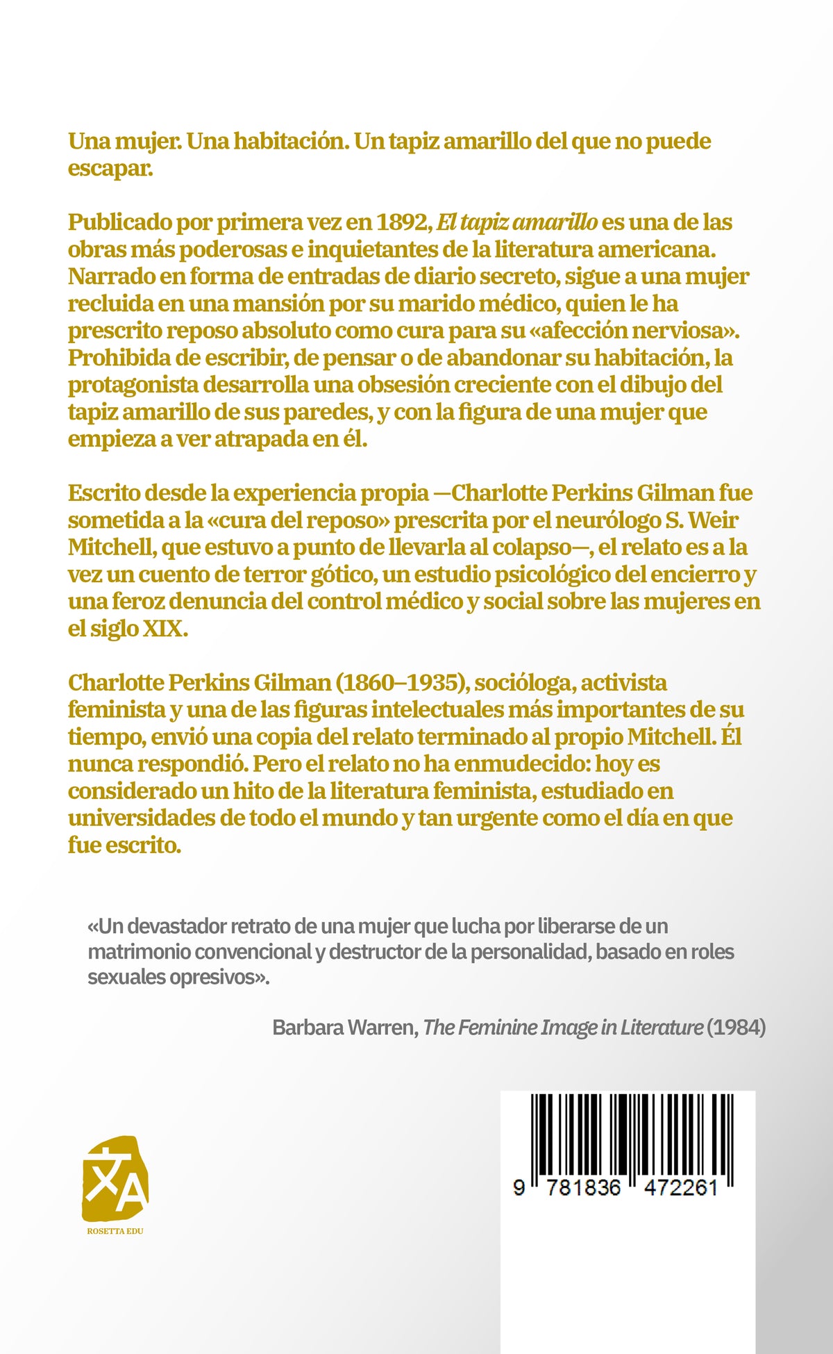 El tapiz amarillo - Charlotte Perkins Gilman - Contraportada de la edición en tapa dura - Rosetta Edu