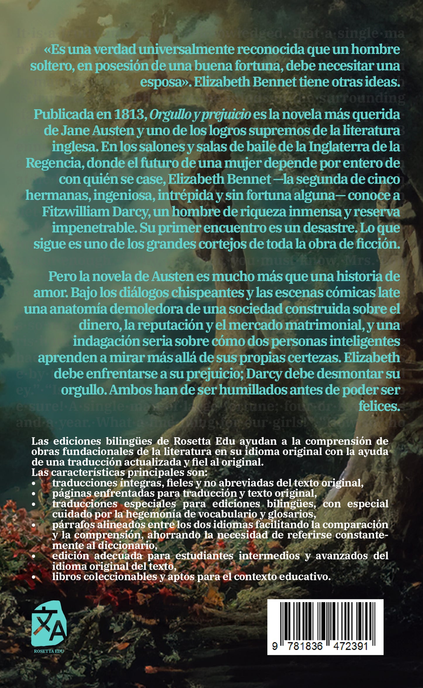 Orgullo y prejuicio - Jane Austen - Contraportada de la edición bilingüe en tapa blanda - Rosetta Edu