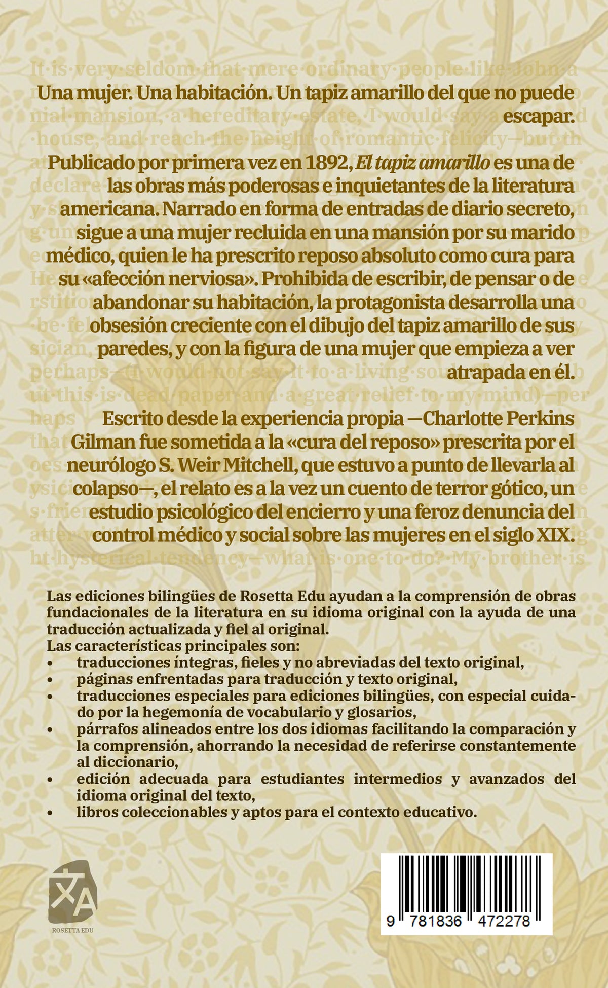 El tapiz amarillo - Charlotte Perkins Gilman - Contraportada de la edición bilingüe en tapa blanda - Rosetta Edu
