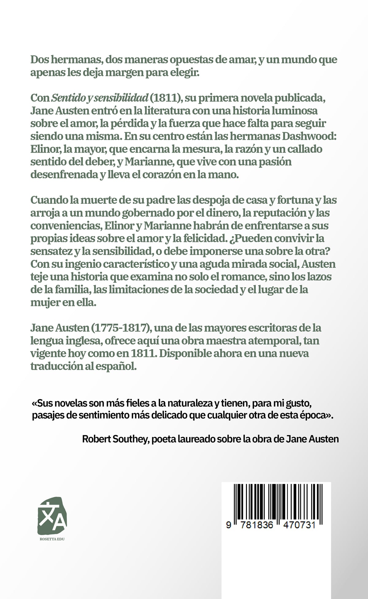 Sentido y sensibilidad - Jane Austen - Contraportada de la edición en tapa dura - Rosetta Edu