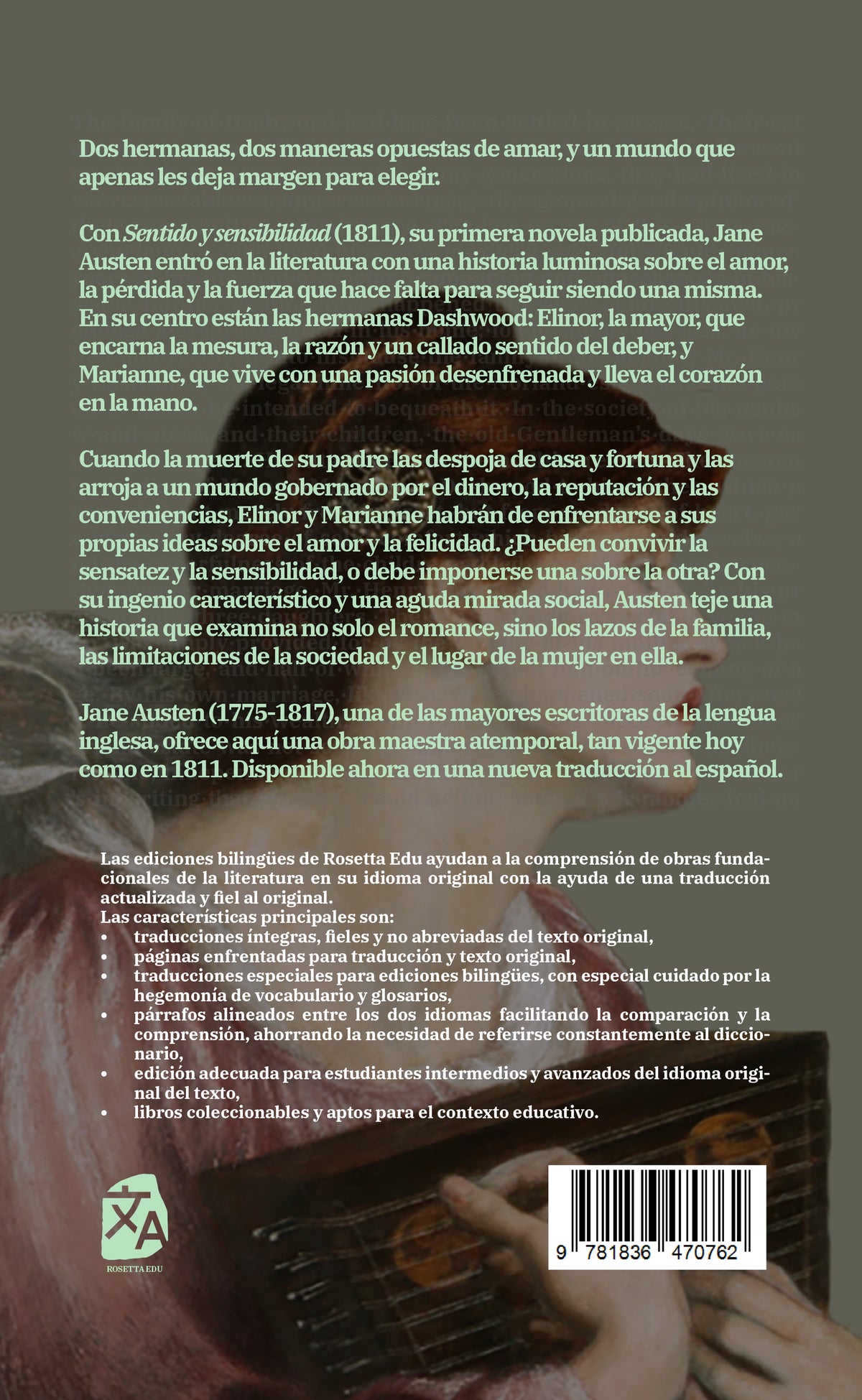 Sentido y sensibilidad - Jane Austen - Contraportada de la edición bilingüe en tapa dura - Rosetta Edu