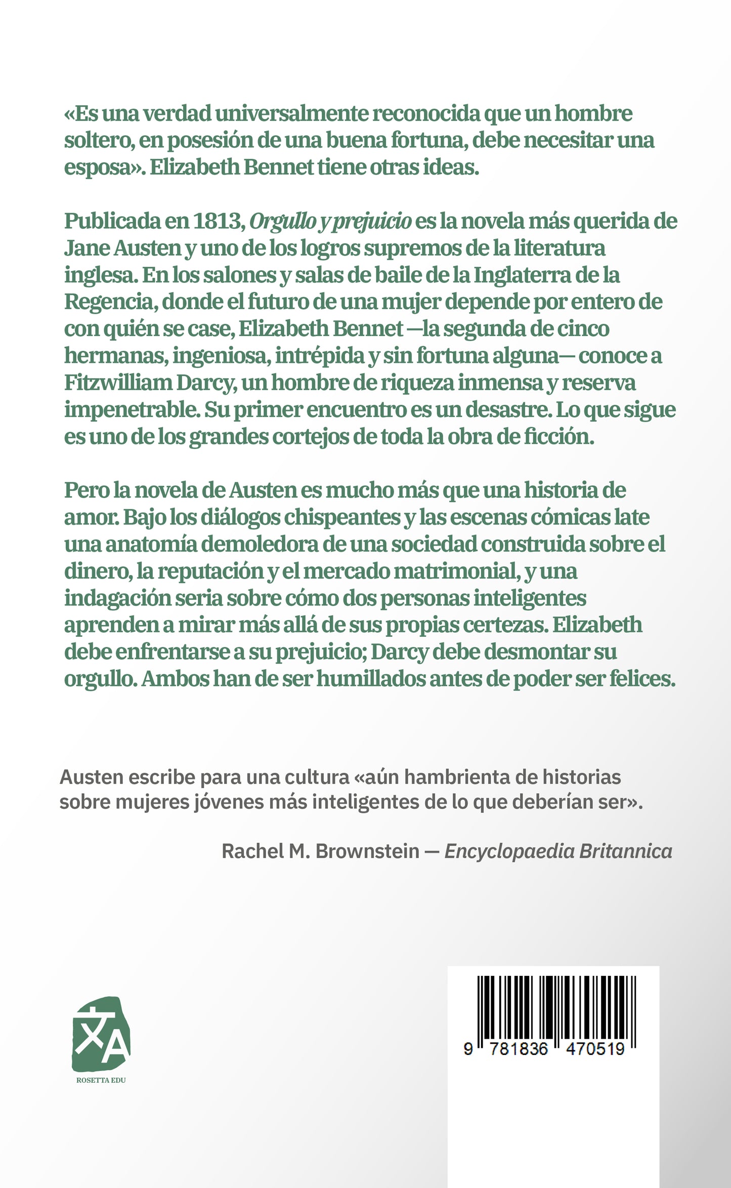 Orgullo y prejuicio - Jane Austen - Contraportada de la edición en tapa dura - Rosetta Edu