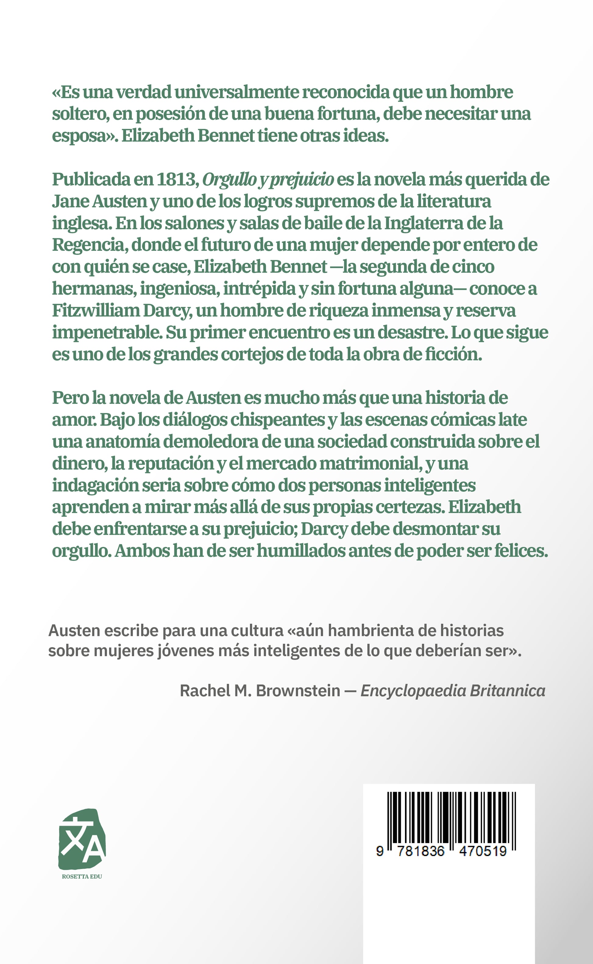 Orgullo y prejuicio - Jane Austen - Contraportada de la edición en tapa dura - Rosetta Edu