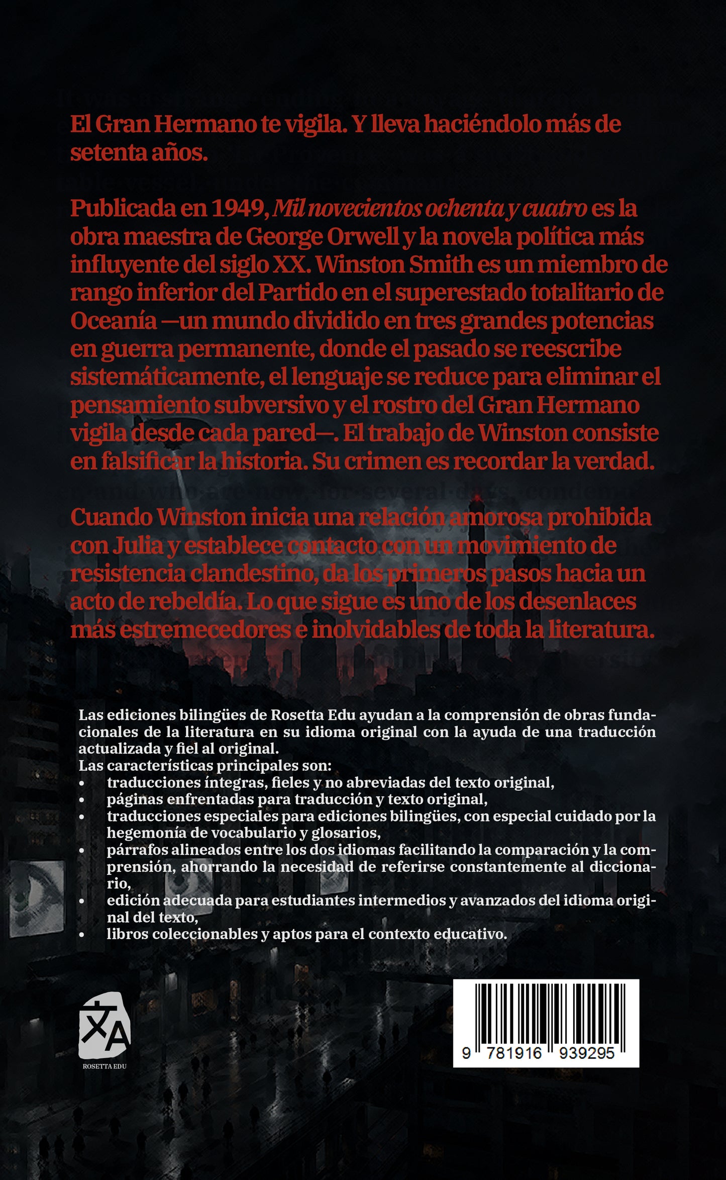 1984: Mil novecientos ochenta y cuatro - George Orwell - Contraportada de la edición bilingüe en tapa dura - Rosetta Edu