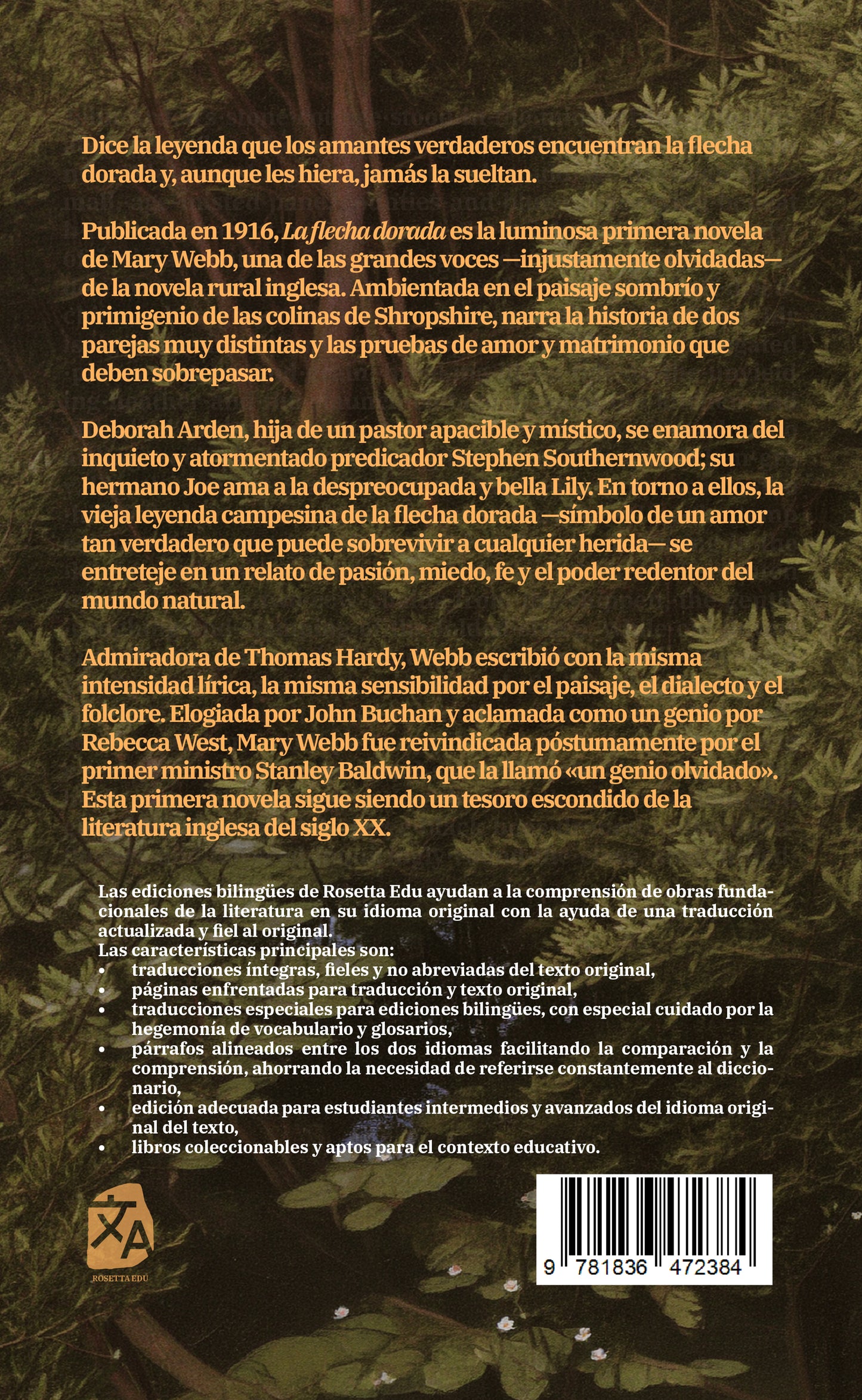 La flecha dorada - Mary Webb - Contraportada de la edición bilingüe en tapa dura - Rosetta Edu