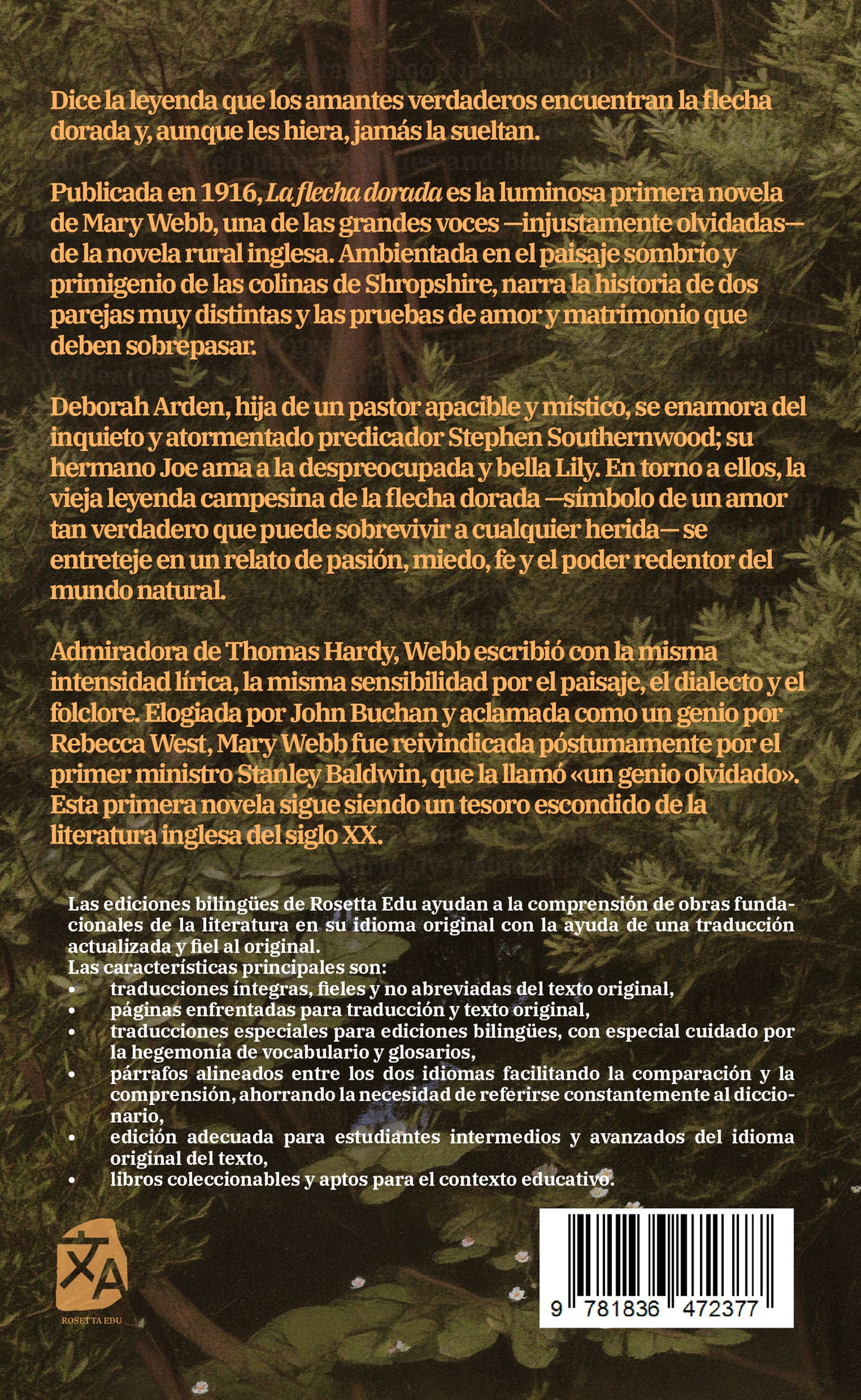 La flecha dorada - Mary Webb - Contraportada de la edición bilingüe en tapa blanda - Rosetta Edu