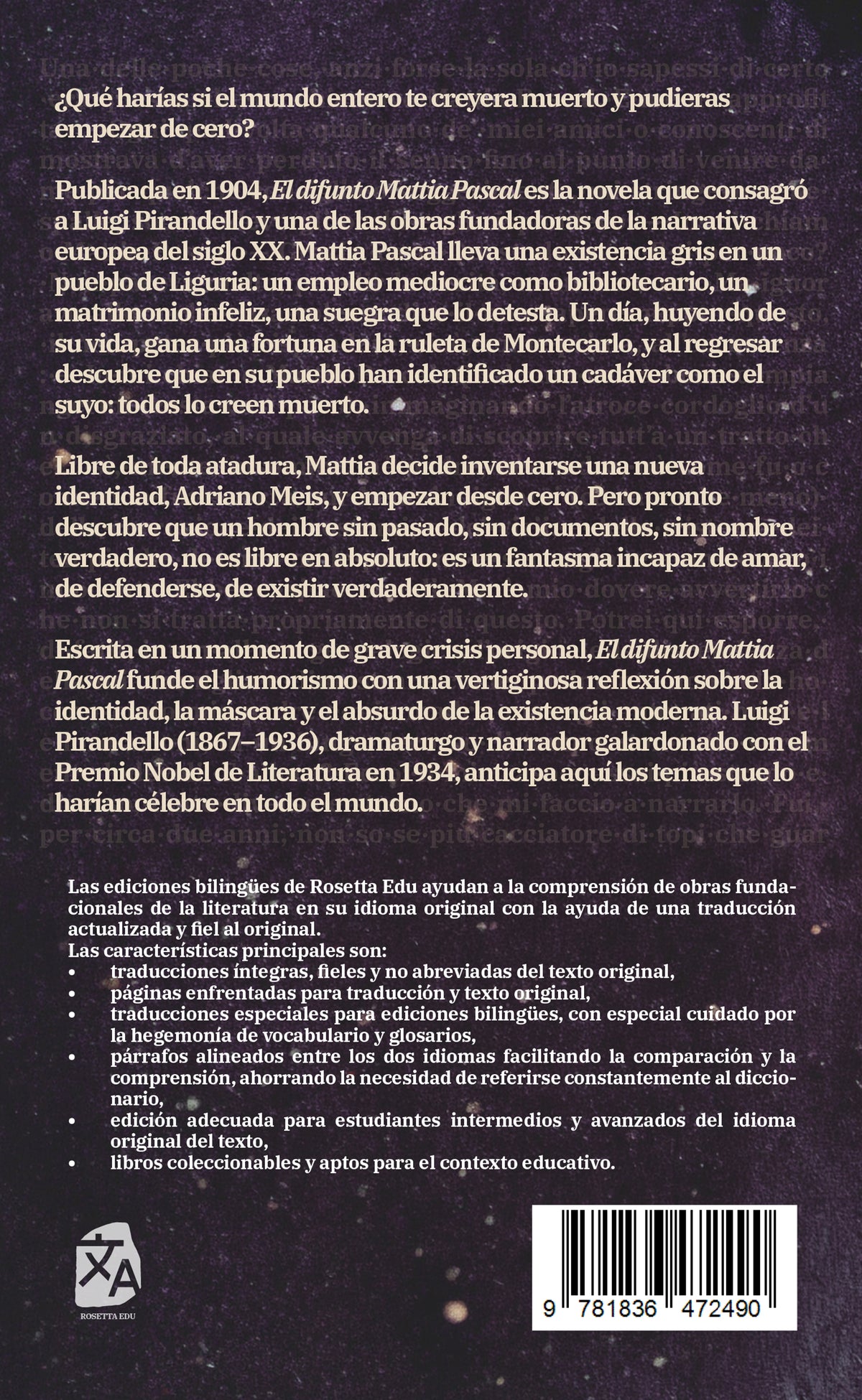 El difunto Mattia Pascal - Luigi Pirandello - Contraportada de la edición bilingüe en tapa blanda - Rosetta Edu