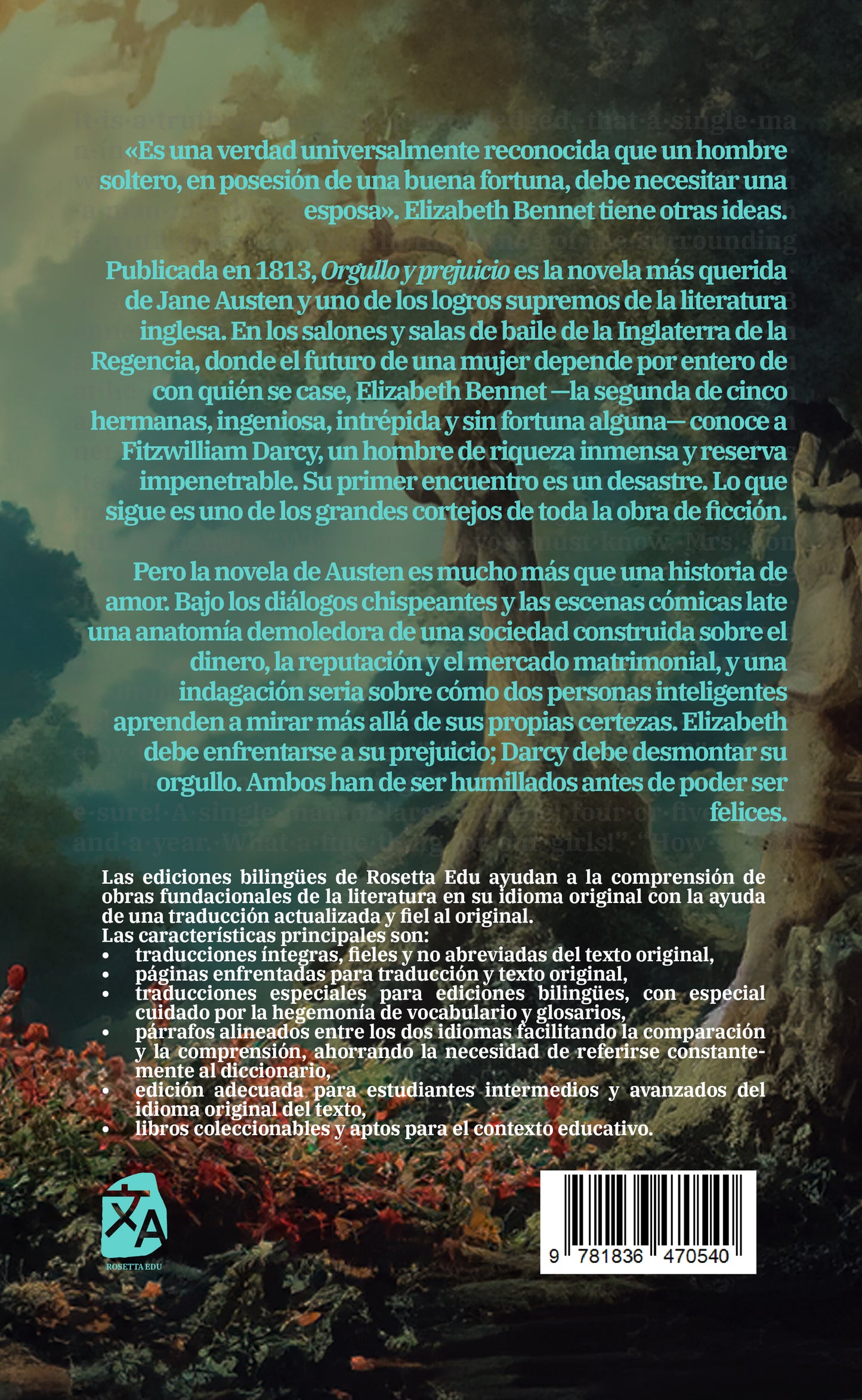 Orgullo y prejuicio - Jane Austen - Contraportada de la edición bilingüe en tapa dura - Rosetta Edu
