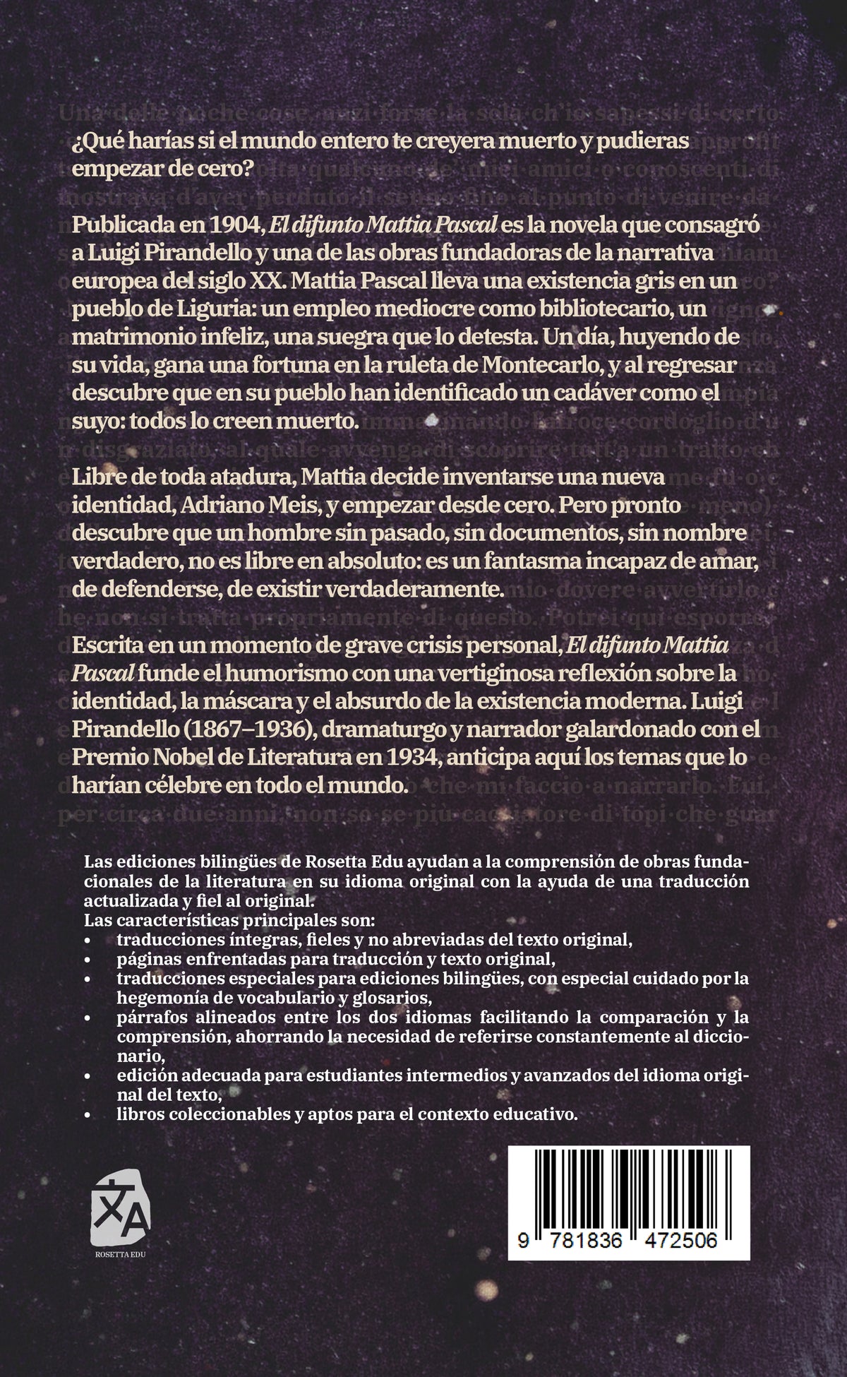El difunto Mattia Pascal - Luigi Pirandello - Contraportada de la edición bilingüe en tapa dura - Rosetta Edu