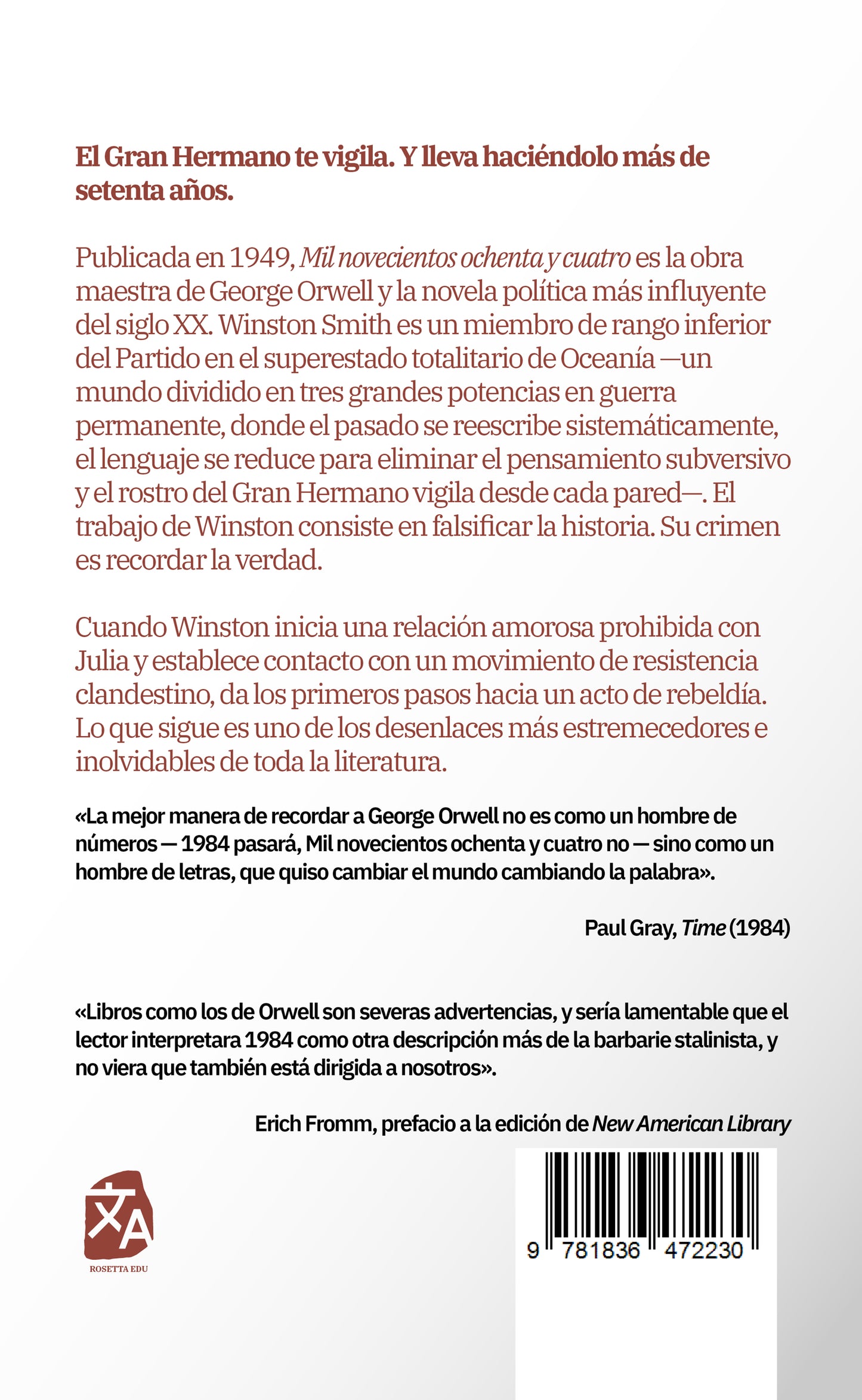1984: Mil novecientos ochenta y cuatro - George Orwell - Contraportada de la edición en tapa dura - Rosetta Edu
