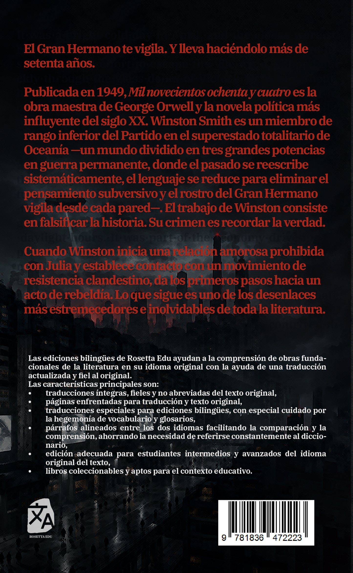 1984: Mil novecientos ochenta y cuatro - George Orwell - Contraportada de la edición bilingüe en tapa blanda - Rosetta Edu