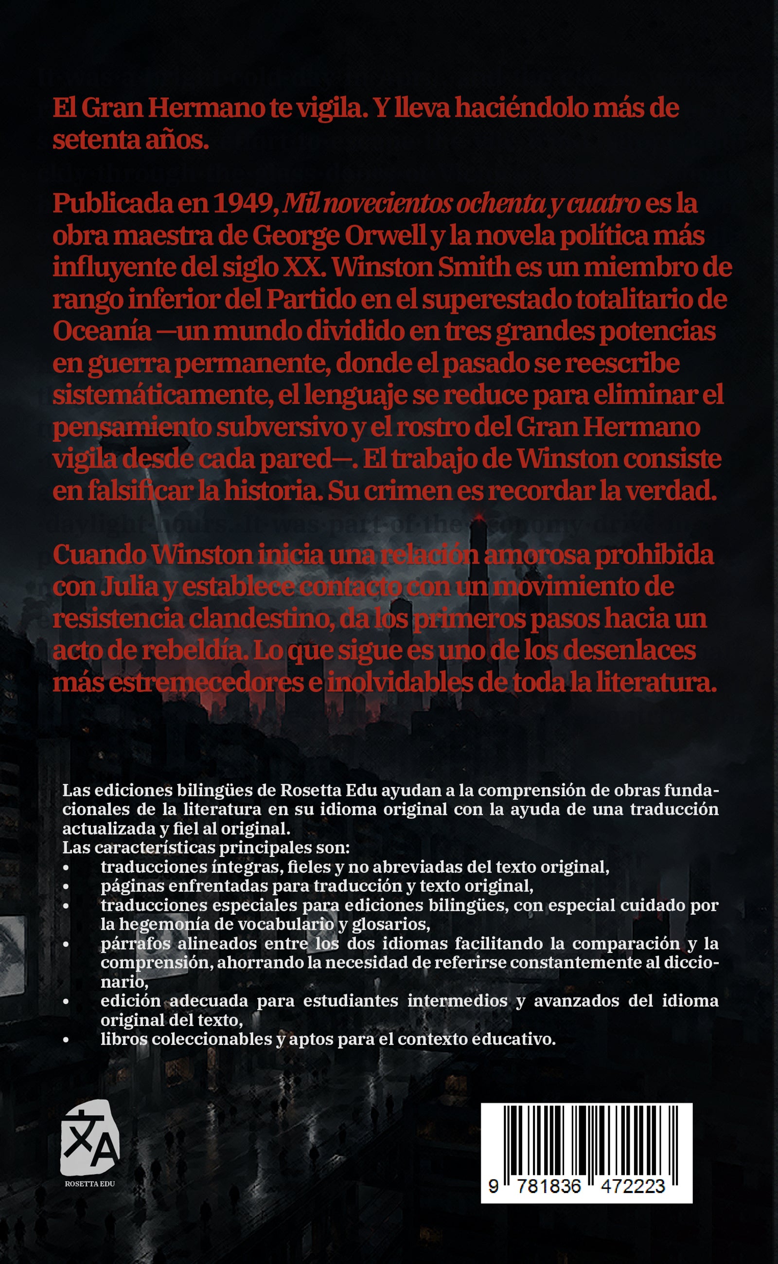 1984: Mil novecientos ochenta y cuatro - George Orwell - Contraportada de la edición bilingüe en tapa blanda - Rosetta Edu