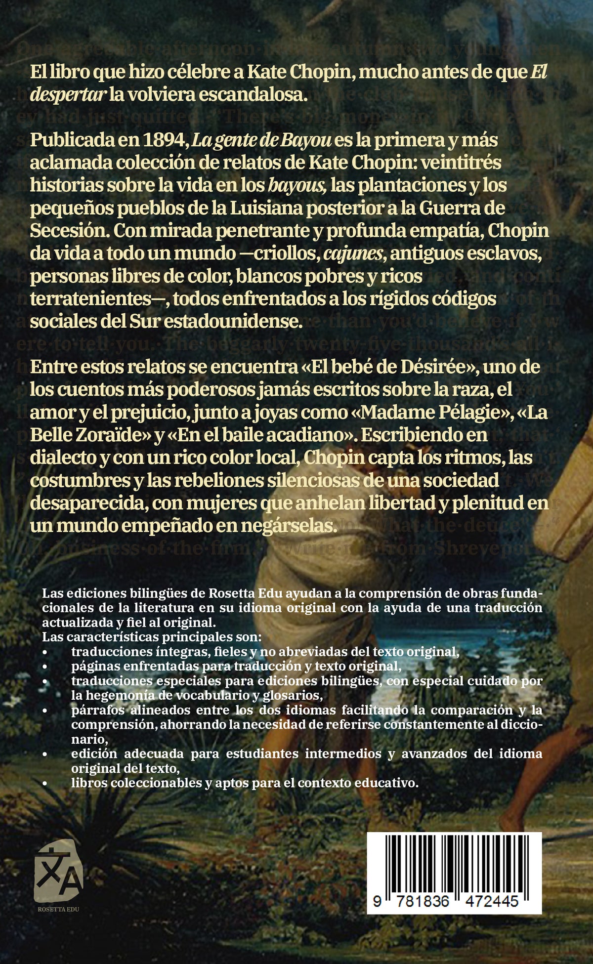 La gente de Bayou - Kate Chopin - Contraportada de la edición bilingüe en tapa blanda - Rosetta Edu
