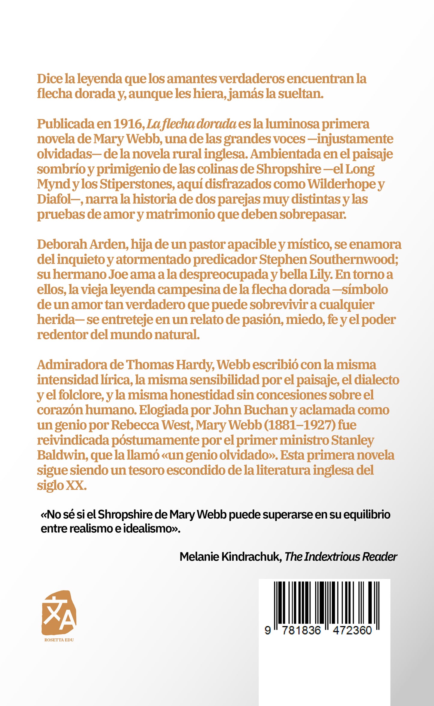 La flecha dorada - Mary Webb - Contraportada de la edición en tapa dura - Rosetta Edu
