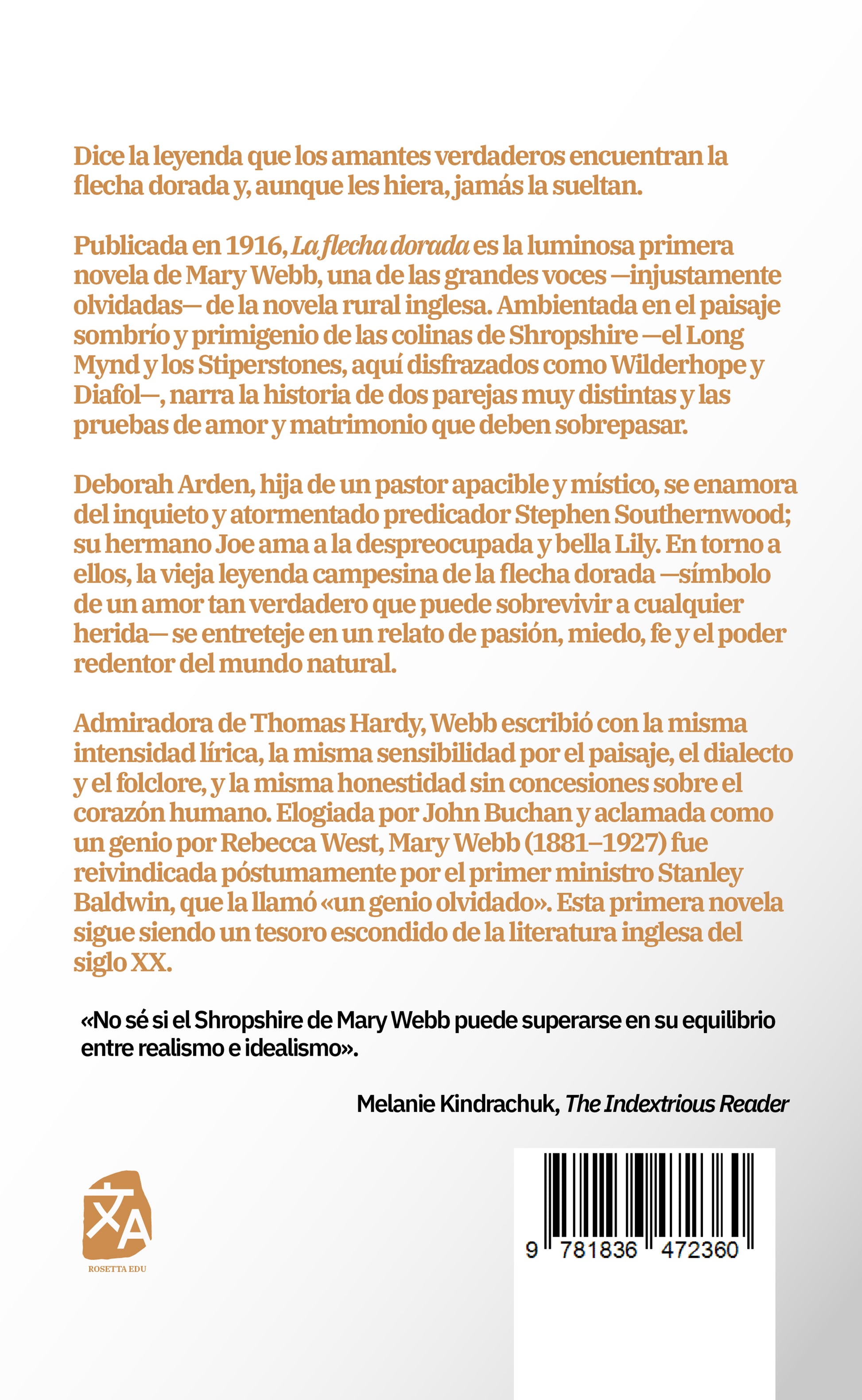 La flecha dorada - Mary Webb - Contraportada de la edición en tapa dura - Rosetta Edu