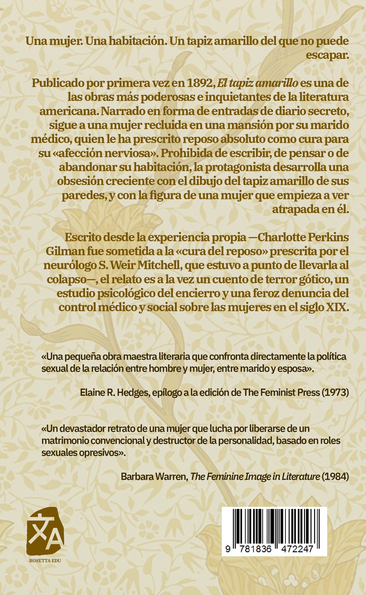 El tapiz amarillo - Charlotte Perkins Gilman - Contraportada de la edición en tapa blanda - Rosetta Edu