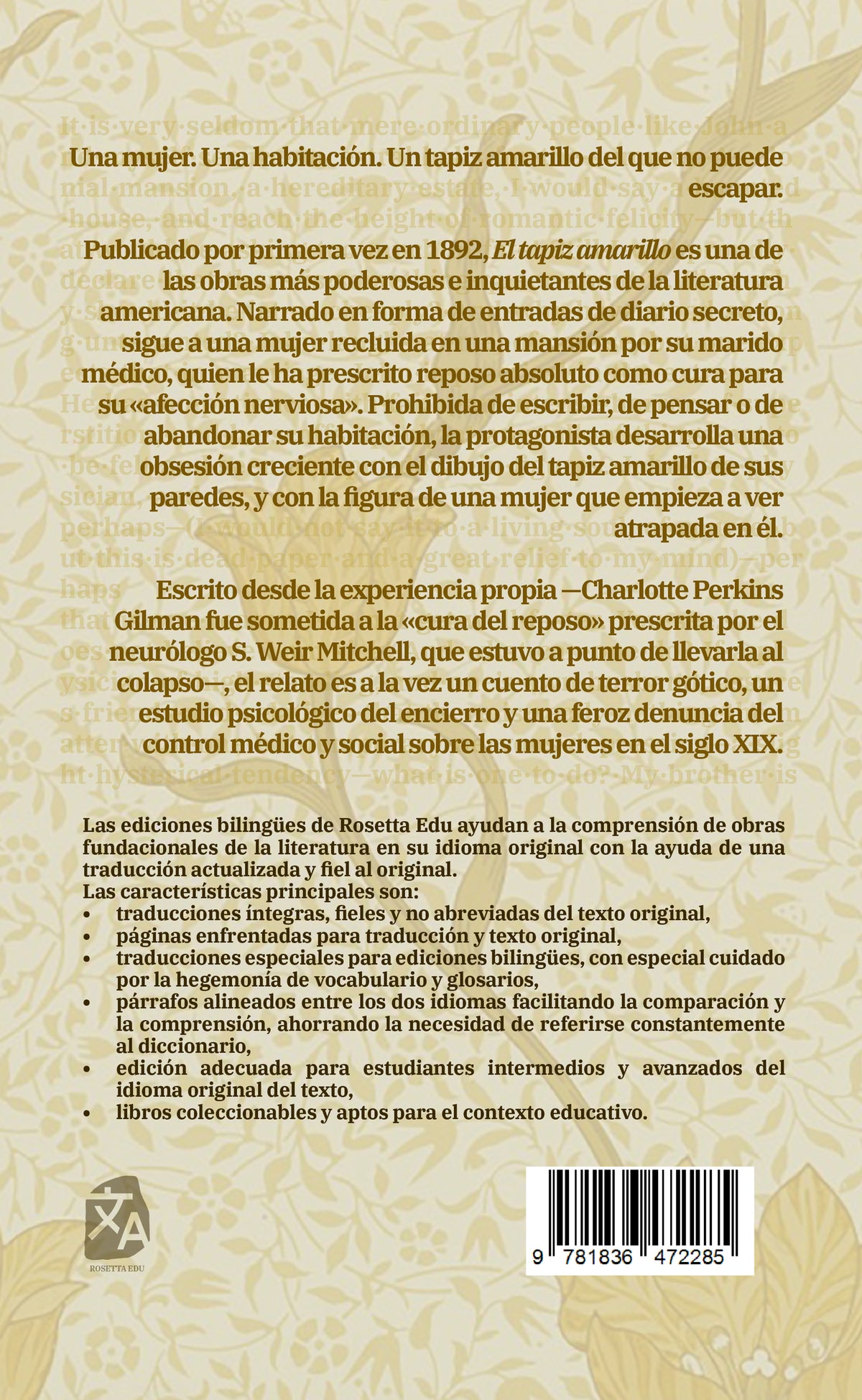 El tapiz amarillo - Charlotte Perkins Gilman - Contraportada de la edición bilingüe en tapa dura - Rosetta Edu